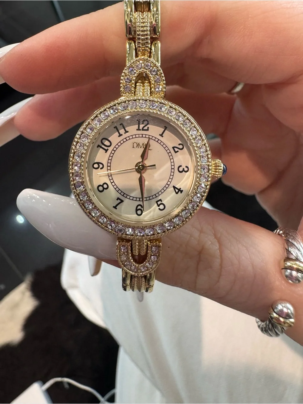 New Vintage DMQ Gold-Tone Rhinestone Cocktail Jewelry Watch